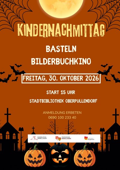 braunes Plakat mit Termin und Details, Abbildung Gruselkürbisse und Fledermäuse braunes Plakat mit Termin und Details, Abbildung Gruselkürbisse und Fledermäuse