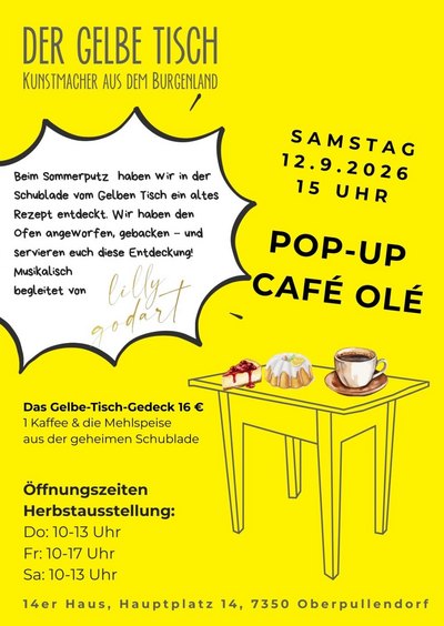gelbes Plakat mit Termin und Details, Abbildung Tisch, Kuchen und Kaffe gelbes Plakat mit Termin und Details, Abbildung Tisch, Kuchen und Kaffee