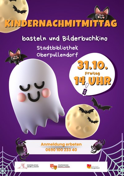 lila Plakat mit Termin und Infos und einem weißen Gespenst lila Plakat mit Termin und Infos und einem weißen Gespenst