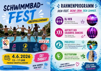 blauer Flyer mit Termin und Details, Abbildung Kinder die ins Wasser springen blauer Flyer mit Termin und Details, Abbildung Kinder die ins Wasser springen