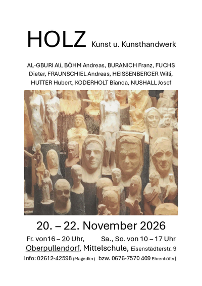 Plakat mit Termin und Details + Abbildung Holzstatuen Plakat mit Termin und Details + Abbildung Holzstatuen