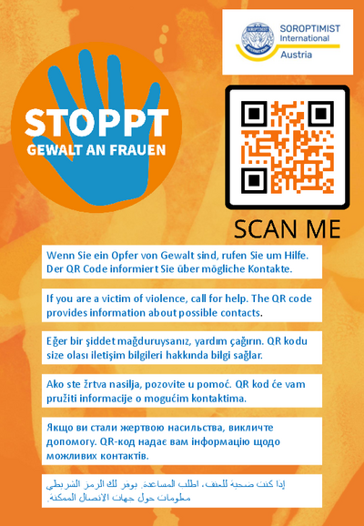 orangenes Plakat mit QR Code und mehrsprachiger Hilfestellung orangenes Plakat mit QR Code und mehrsprachiger Hilfestellung