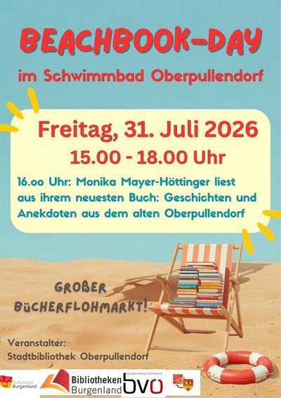 hellblaues Plakat mit Abbildung eines Sandstrands und Sonnenliege, mit Termin und Details hellblaues Plakat mit Abbildung eines Sandstrands und Sonnenliege, mit Termin und Details