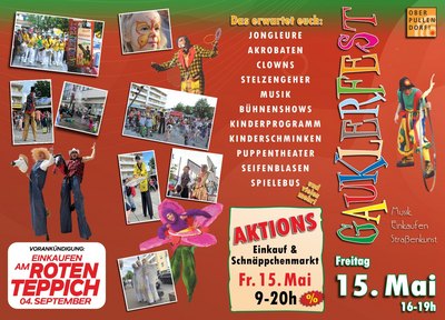 roter Prospekt mit Abbildungen von Straßenkünstlern und Termin roter Prospekt mit Abbildungen von Straßenkünstlern und Termin