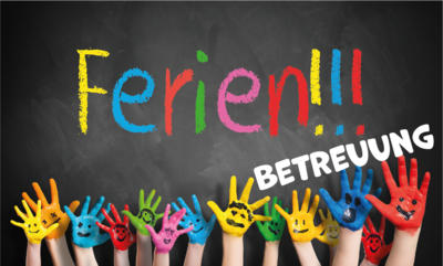 schwarzes Plakat mit bunten Kinderhänden und der Aufschrift Ferienbetreuung schwarzes Plakat mit bunten Kinderhänden und der Aufschrift Ferienbetreuung
